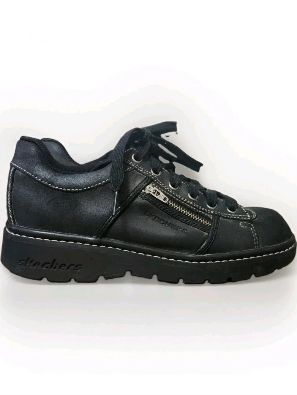 VTG Y2K Skechers Tredd Jammers 8 Black Suede 46406 Chunky Shoes Side Zip Pocket